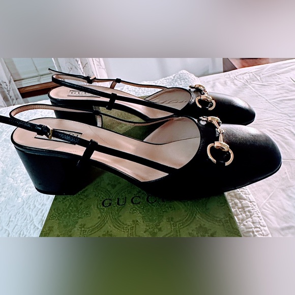 Gucci Black Leather Horsebit Slingback Pumps with Gold Accents - Picture 3 of 8